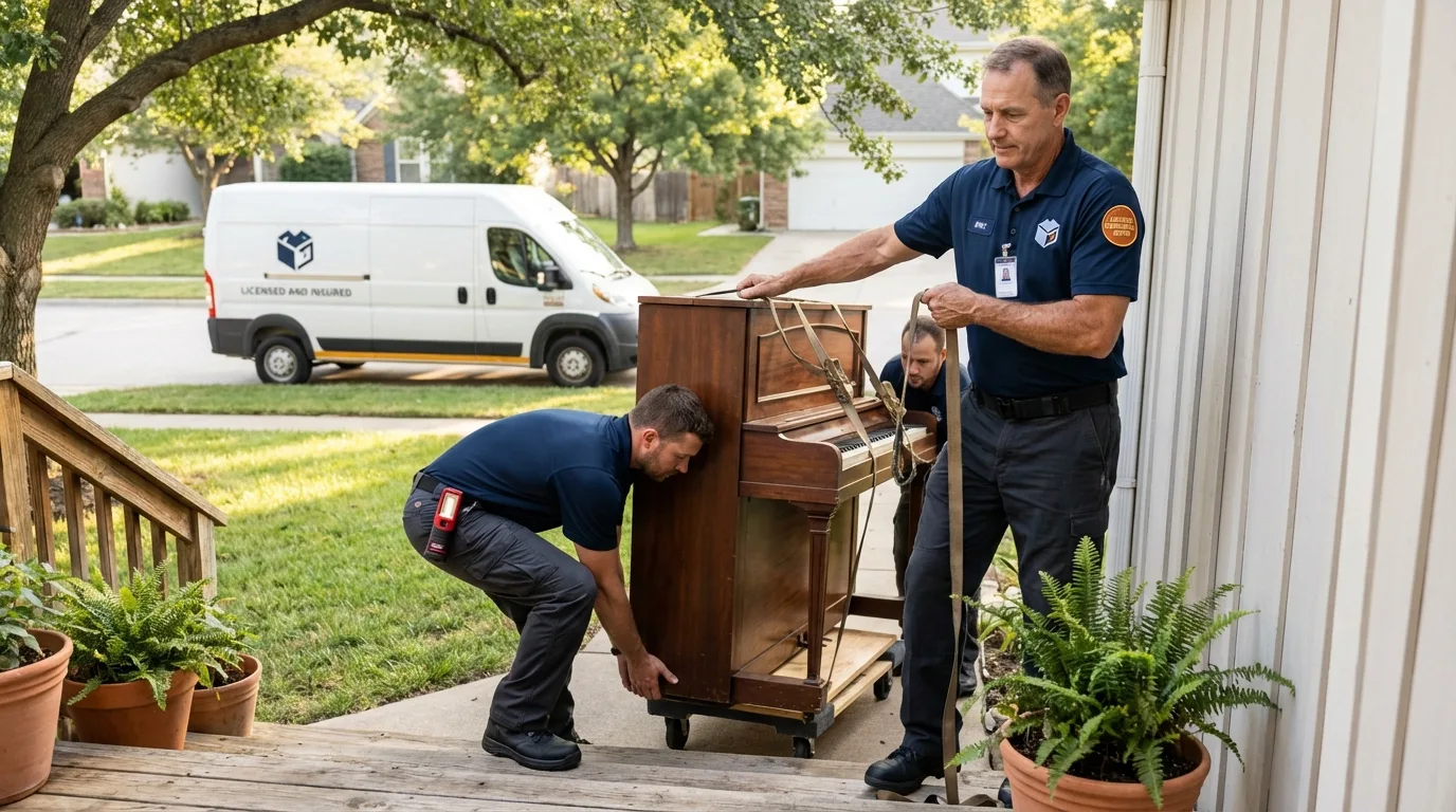 Licensed piano movers securing grand piano in Dickeyville, WI