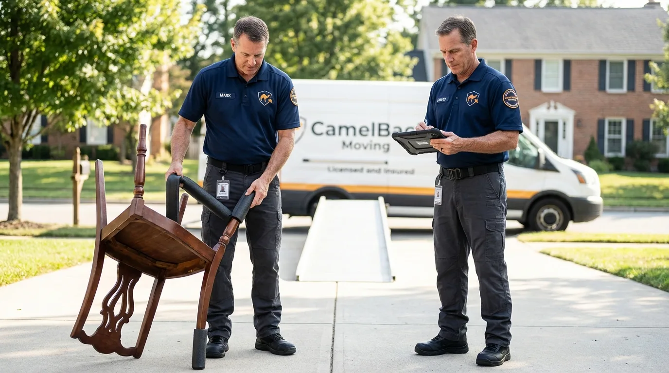 Movers inspecting furniture for damage prevention before loading in Dickeyville, WI