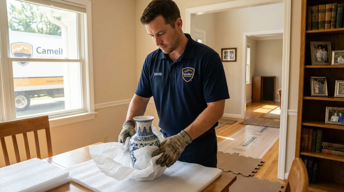 Professional crew carefully wrapping antique vase for senior downsizing move in Dickeyville, WI